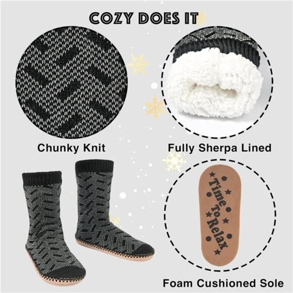 Men's Slipper Socks Fleece Lined Non-slip Sole Winter Soft Thick Cozy Home Boots - Picture 4 of 5